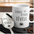 Puodelis su spauda „Labas rytas, tėti" su vaikų vardais Puodelis su spauda „Labas rytas, tėti" su vaikų vardais