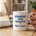 Puodelis su spauda „Labas rytas, tėti" su vaikų vardais Puodelis su spauda „Labas rytas, tėti" su vaikų vardais